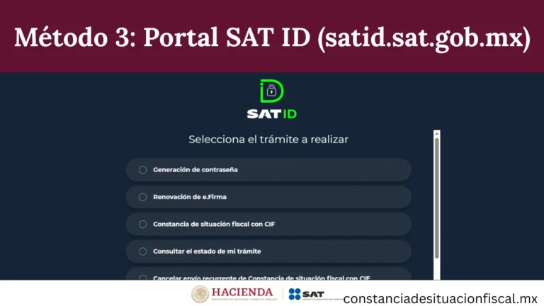 Portal SAT ID mostrando pasos para solicitar constancia fiscal con CIF sin contraseña y entrega por correo.
