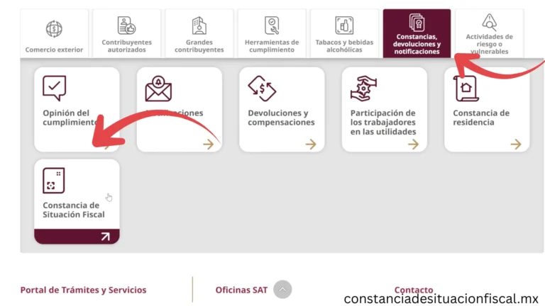 Menú del portal del SAT seleccionando 'Certificados, Devoluciones y Avisos' y luego la opción 'Constancia de Situación Fiscal'.