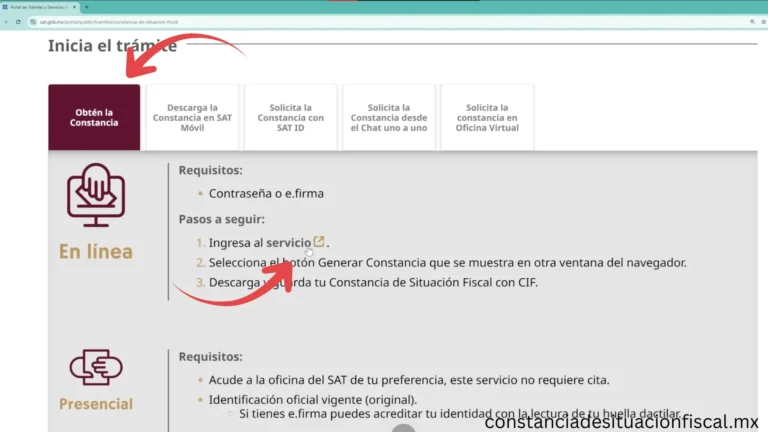 Página SAT mostrar pasos para obtener constancia fiscal en línea seleccionando Obtén la Constancia e Ingresa al Servicio.
